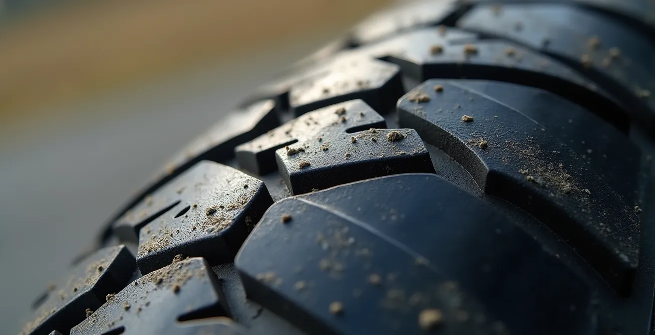 Makroaufnahme eines abgenutzten Motorrad-Hinterreifens mit sichtbaren Verschleißspuren nach einem Trackday