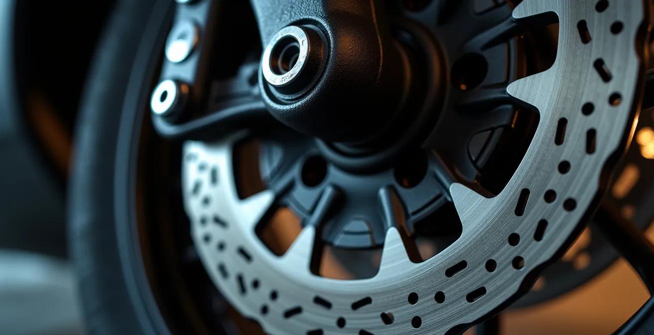 Nahaufnahme eines ABS-Sensors am Vorderrad eines Motorrads