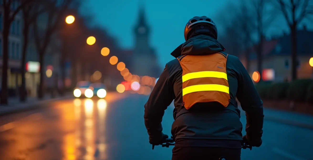 Radfahrer trägt leuchtende Airbag-Weste über Winterkleidung bei Dämmerung