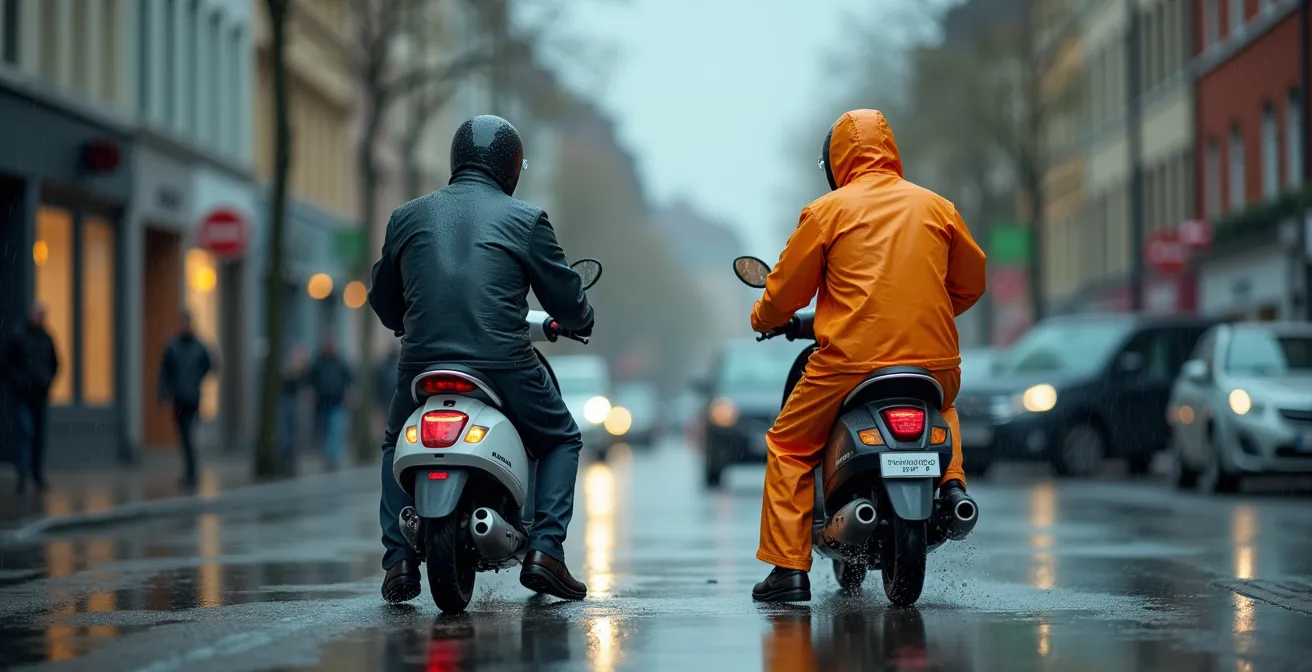 Zwei Rollerfahrer, einer mit Beinschutzdecke, der andere mit Regenkombi, im Vergleich bei deutschem Nieselregen.