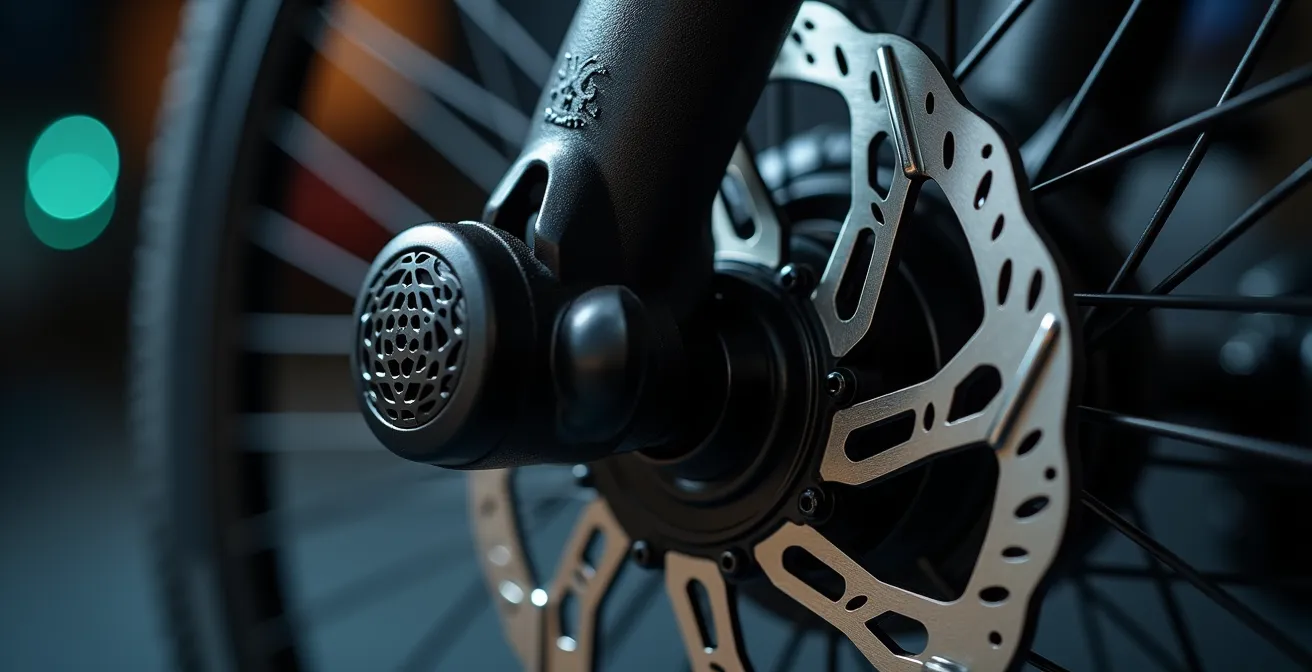 Nahaufnahme eines Bremsscheibenschlosses mit Alarmsystem an einem E-Bike-Rad