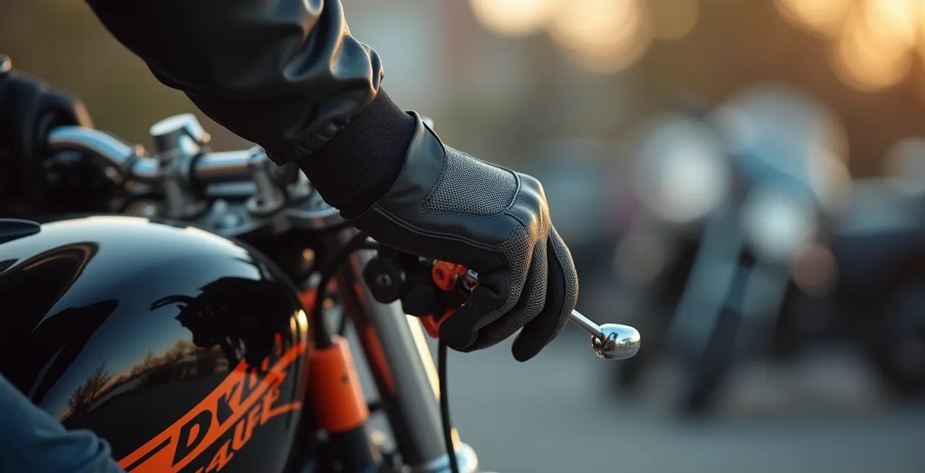 Detailaufnahme eines orangefarbenen Erinnerungskabels zwischen Bremsscheibenschloss und Lenker