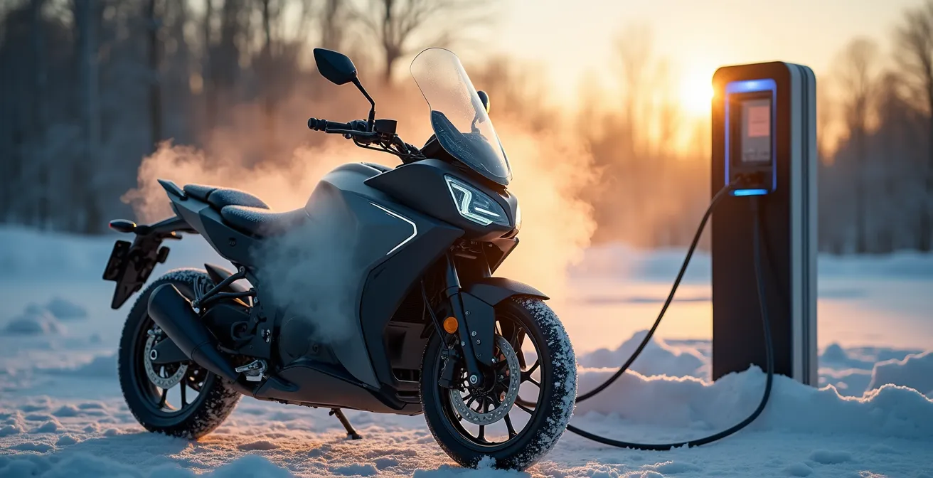 E-Motorrad an Ladestation im Winter mit sichtbarer Wärmeabstrahlung