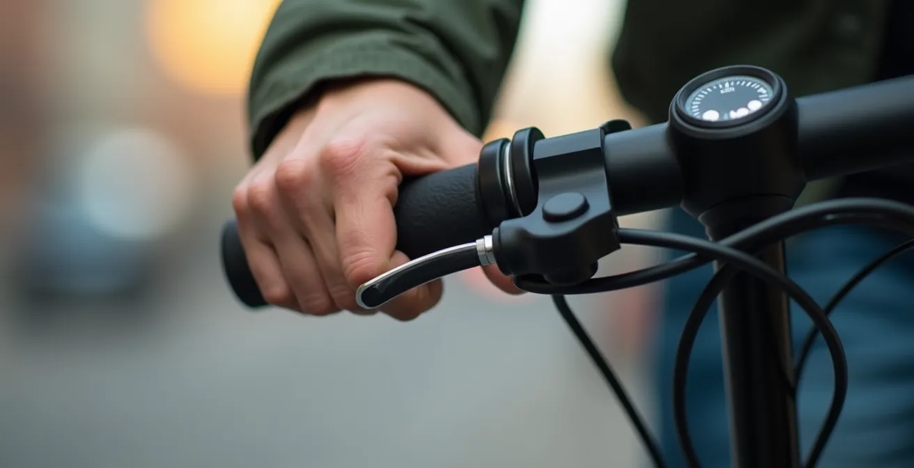 Detailaufnahme einer Hand am E-Scooter Bremshebel