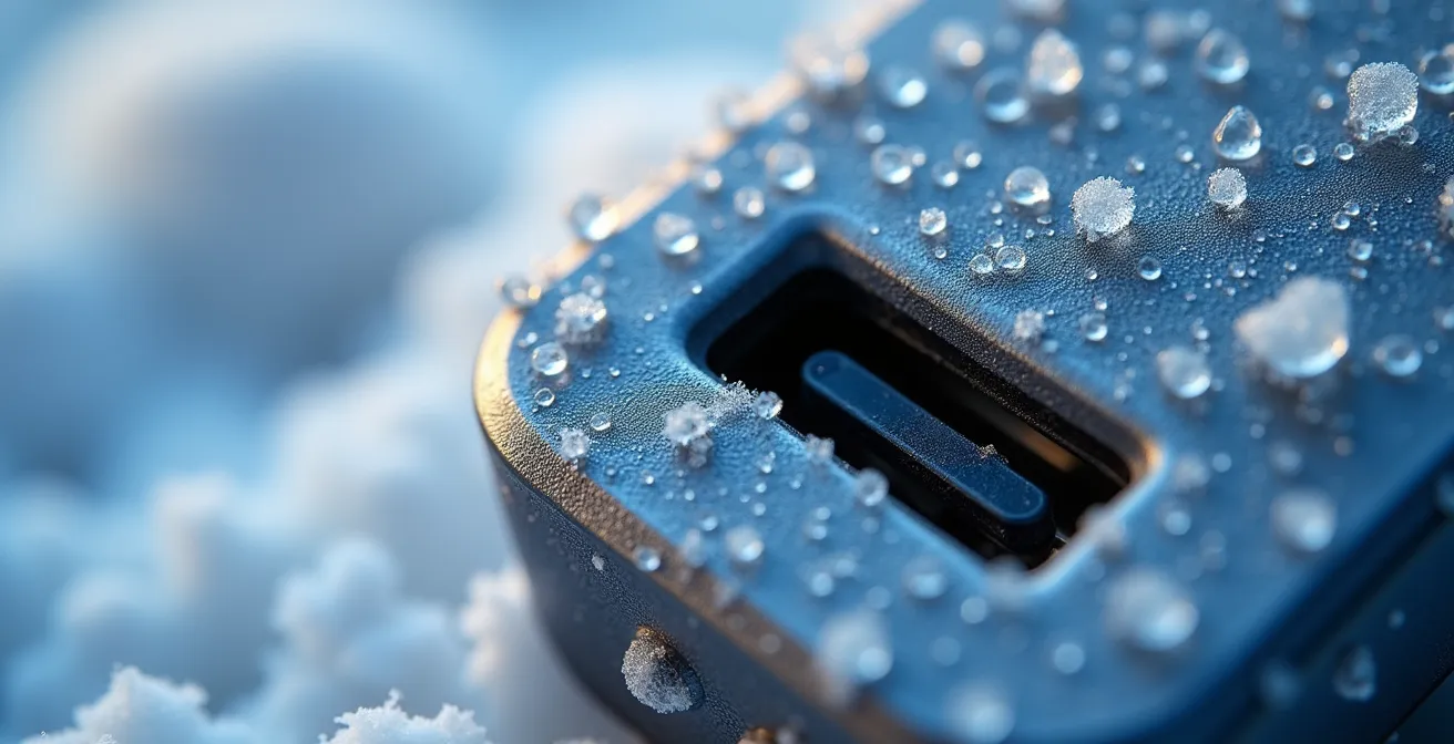 Detailaufnahme eines vereisten Ladeanschlusses an einem Elektroauto im Winter