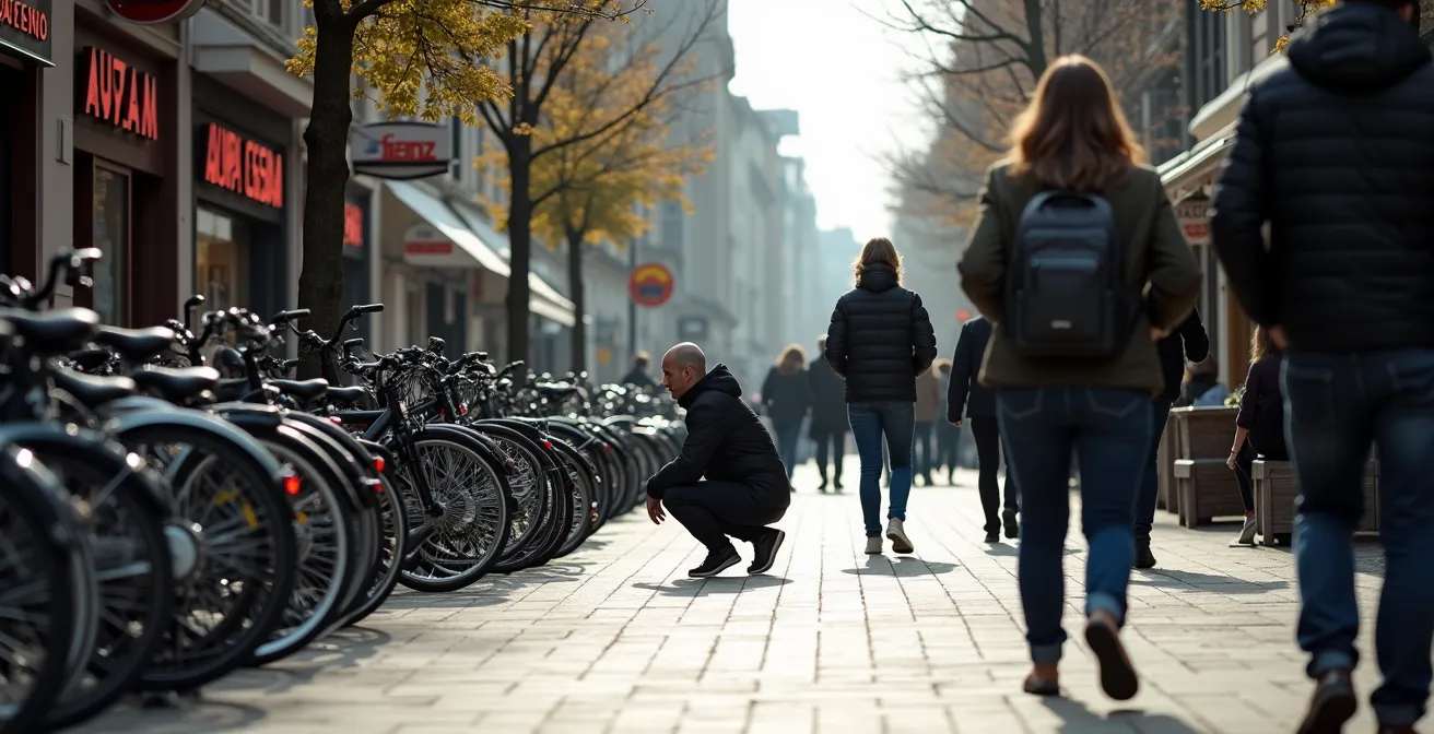 Fahrraddieb arbeitet unauffällig an einem Schloss in belebter deutscher Fußgängerzone bei Tageslicht