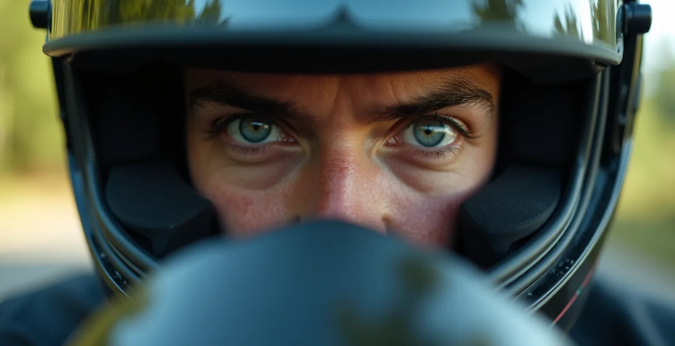 Nahaufnahme eines konzentrierten Motorradfahrerblicks in einer Kurve