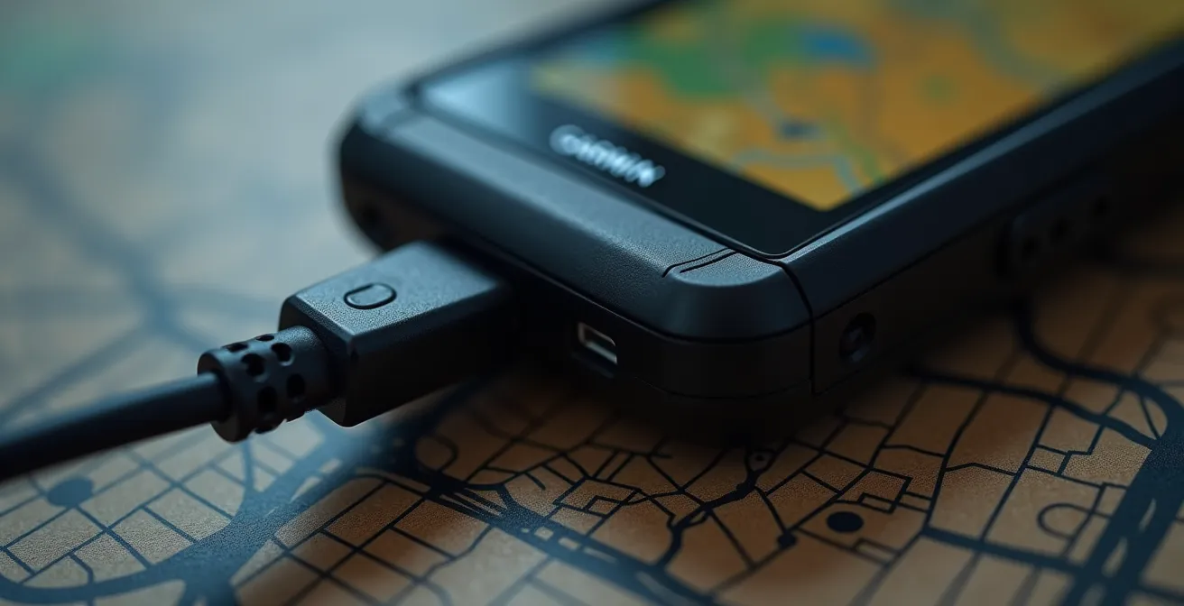 Nahaufnahme von Garmin-Navigationsgerät mit Routenübertragung vom Computer