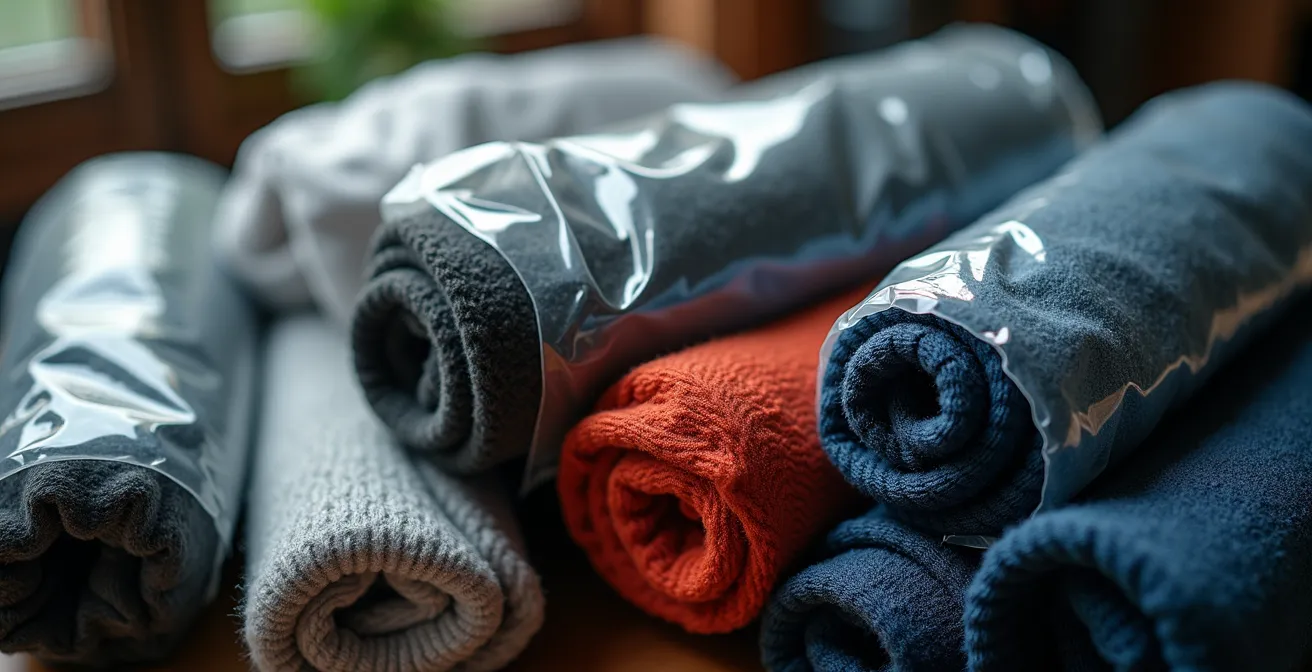 Komprimierte Gepäckrollen mit Vakuumbeuteln für Motorradkleidung