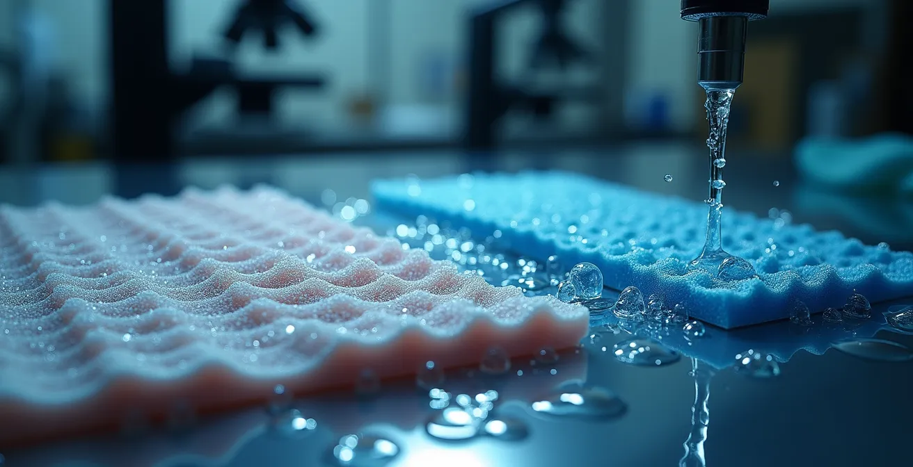 Mikroskopische Ansicht einer Gore-Tex Membran, die den Unterschied zwischen sauberen und durch Weichspüler verstopften Poren zeigt