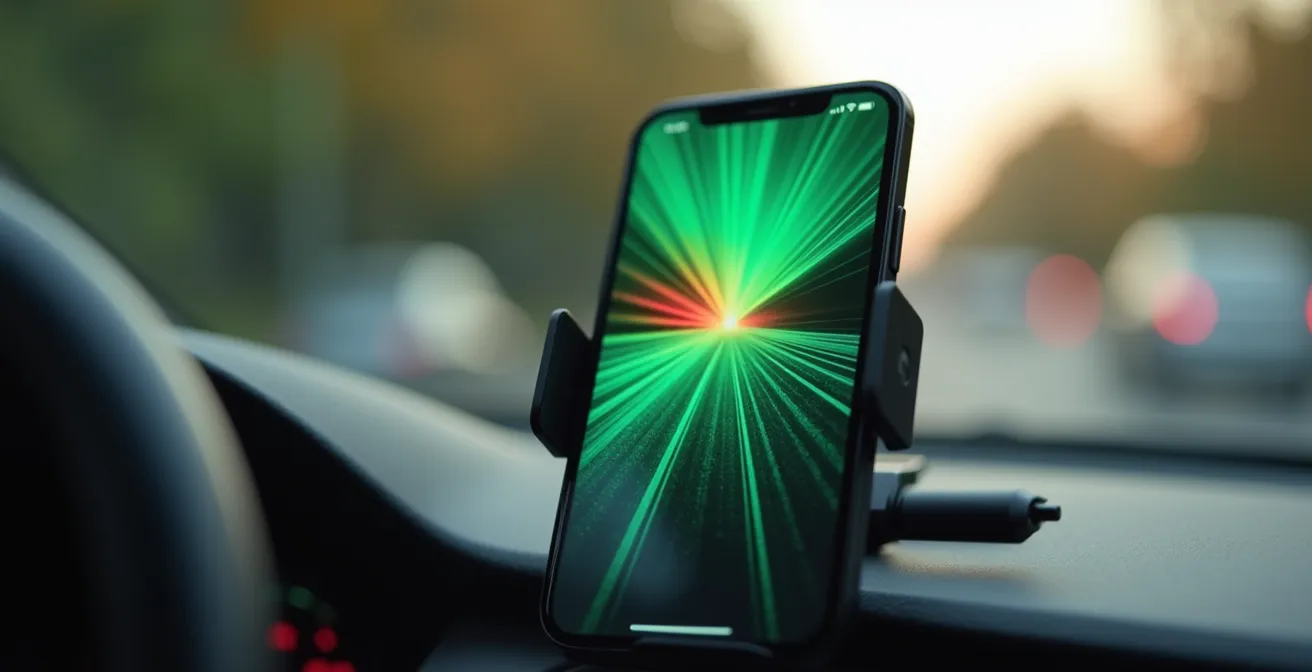 Smartphone-Display zeigt farbcodierten Geschwindigkeitskorridor für Grüne Welle