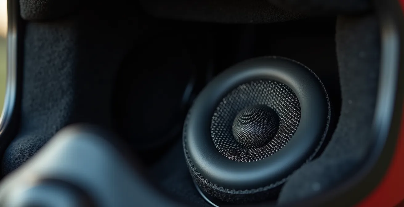 Makroaufnahme der Lautsprecherpositionierung im Motorradhelm mit Polsterung
