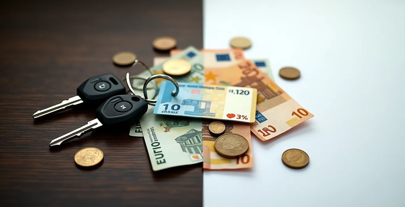 Visueller Kostenvergleich zwischen Auto und öffentlichen Verkehrsmitteln, der die Schlüssel und Geldmünzen für ein Auto dem Deutschland-Ticket gegenüberstellt.