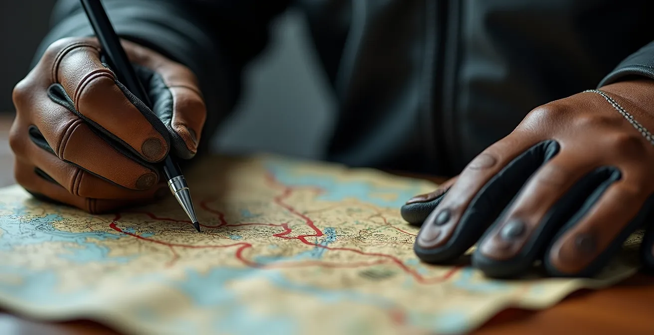 Nahaufnahme einer Kartendarstellung mit kurvenreichen Straßen, auf der eine kurvige Route nachgezeichnet wird