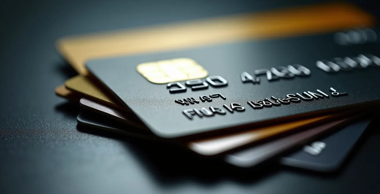 Makroaufnahme verschiedener Ladekarten mit unscharfem Preisdisplay im Hintergrund