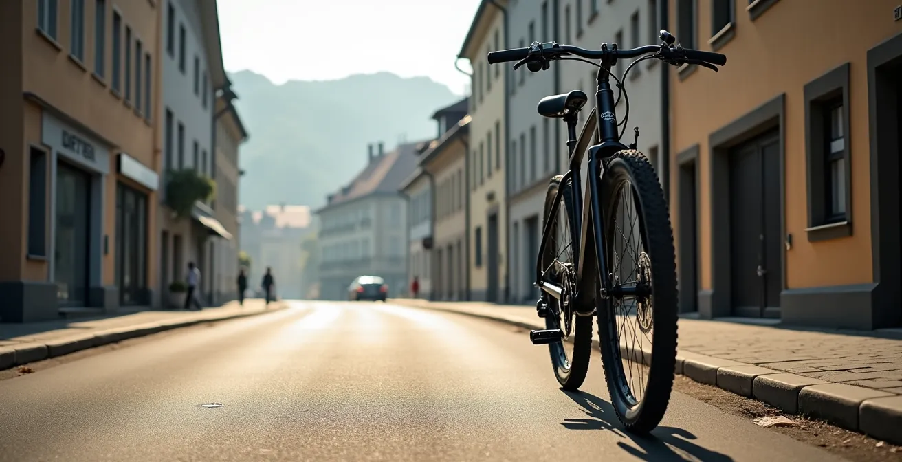 Weitwinkelaufnahme eines Lastenrads in Stuttgart mit Fokus auf die Bremsanlage