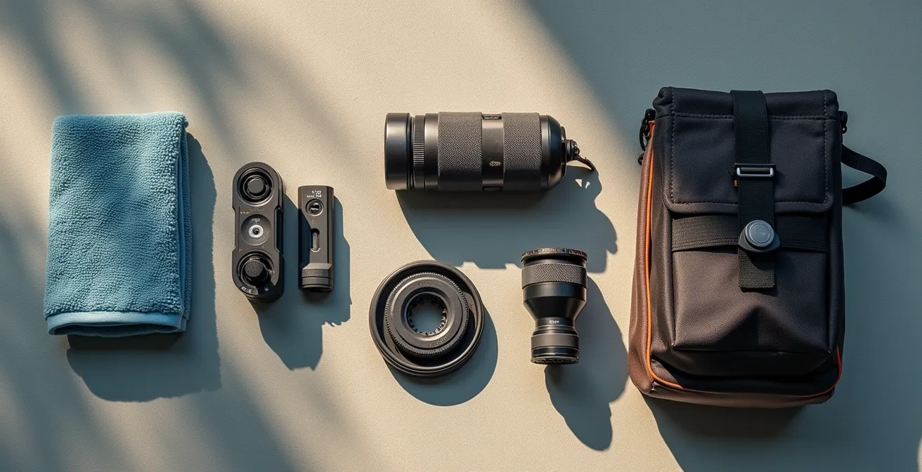 Minimalistisch gepacktes Motorradgepäck mit Multifunktionswerkzeugen