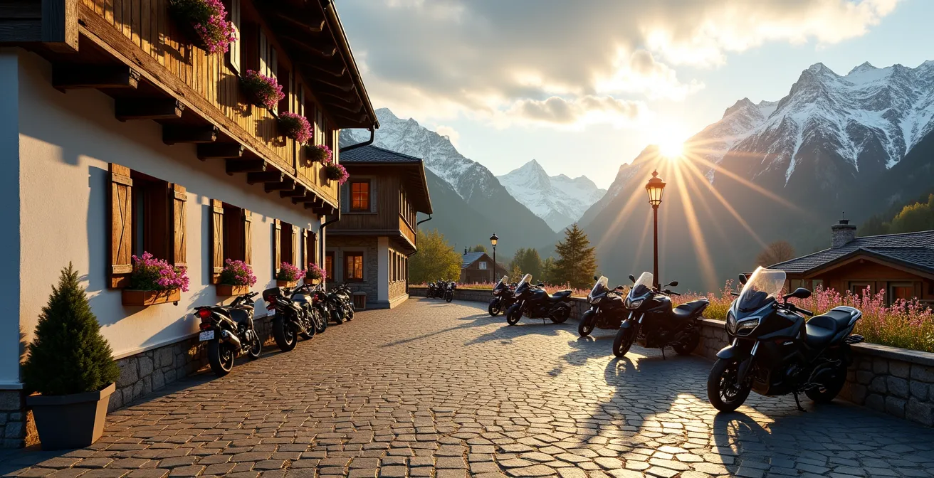 Gemütliches Alpenhotel mit geparkten Motorrädern im Frühling