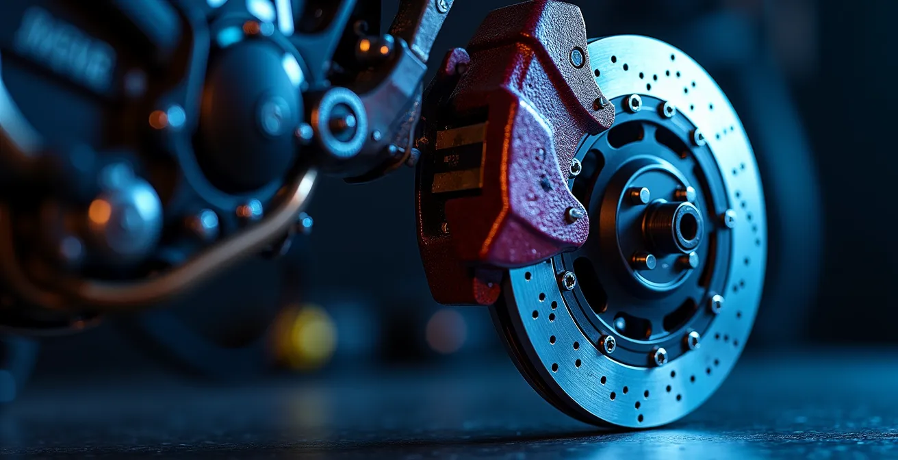 Bremssystem eines Rennstreckenmotorrads mit Hitzeentwicklung und bläulicher Verfärbung der Bremsscheibe