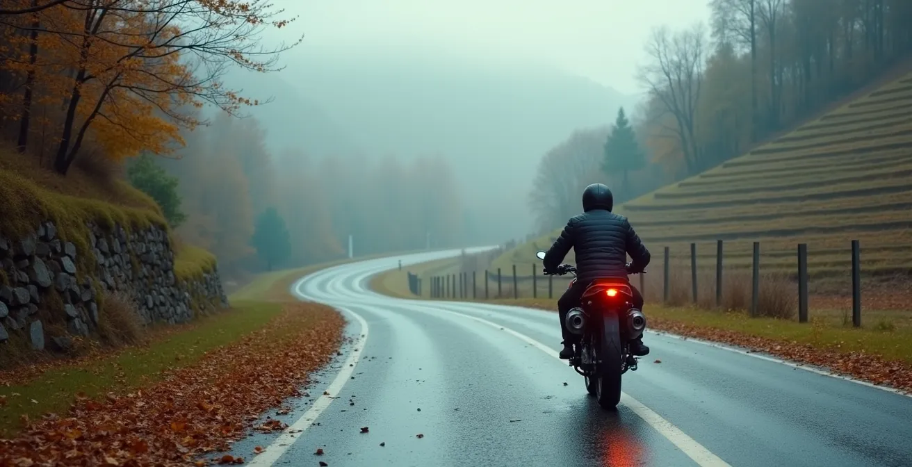 Motorrad auf feuchter Herbststraße mit Laub im Moseltal