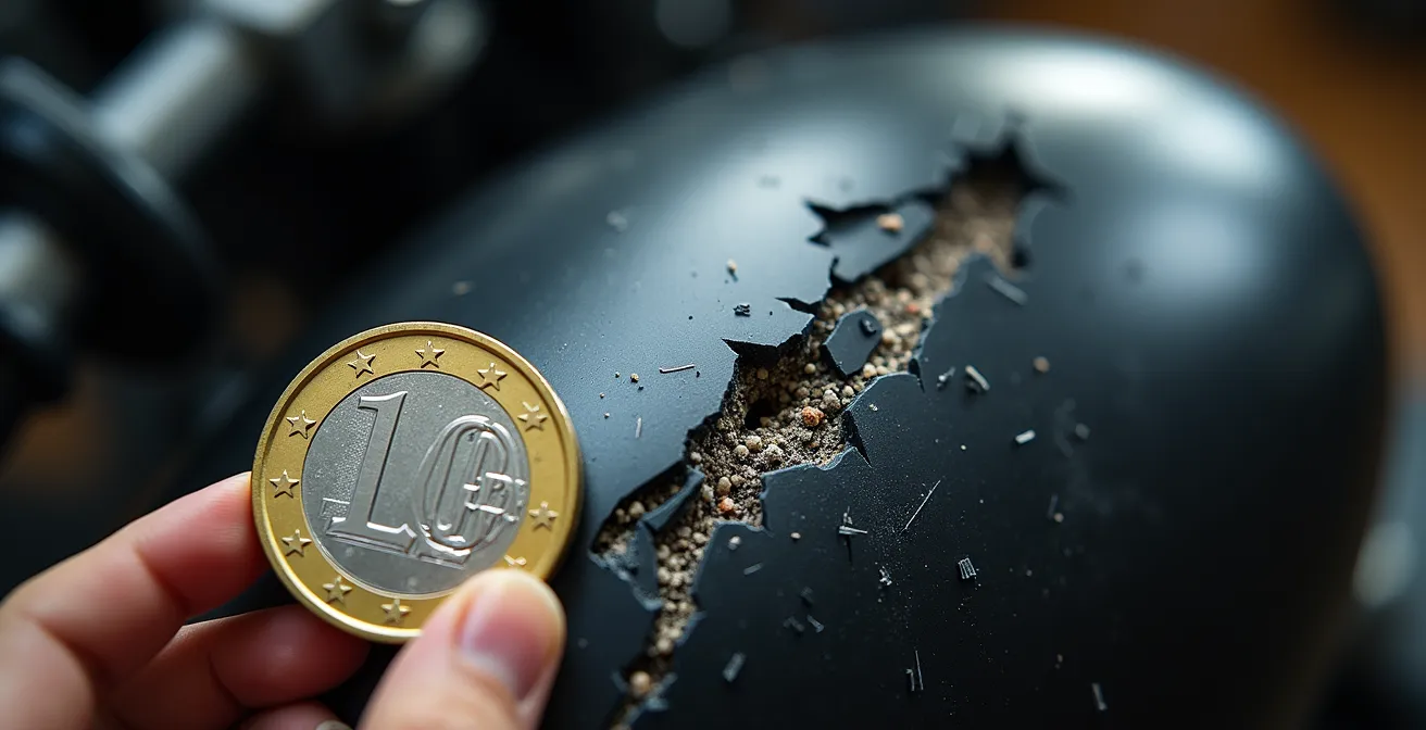Makroaufnahme von tiefen Kratzern und Beschädigungen an der Verkleidung eines Motorrads, mit einer Euromünze als Referenz für die Größe des Schadens.