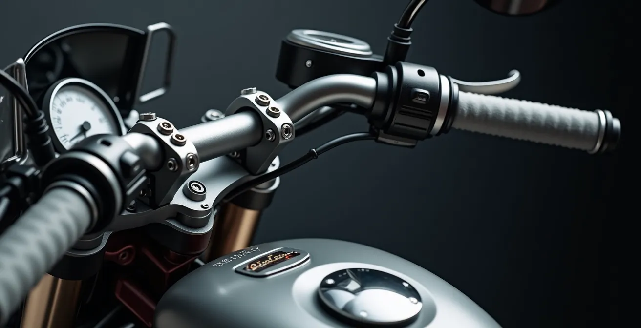 Detailaufnahme eines Motorradlenkers mit verschiedenen montierten Zubehörteilen