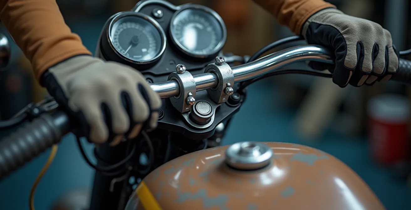 Motorradfahrer justiert Lenkererhöhung in einer Werkstatt zur optimalen Sitzposition