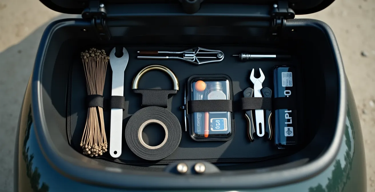 Organisiertes Notfall-Werkzeugset unter einer Motorrad-Sitzbank