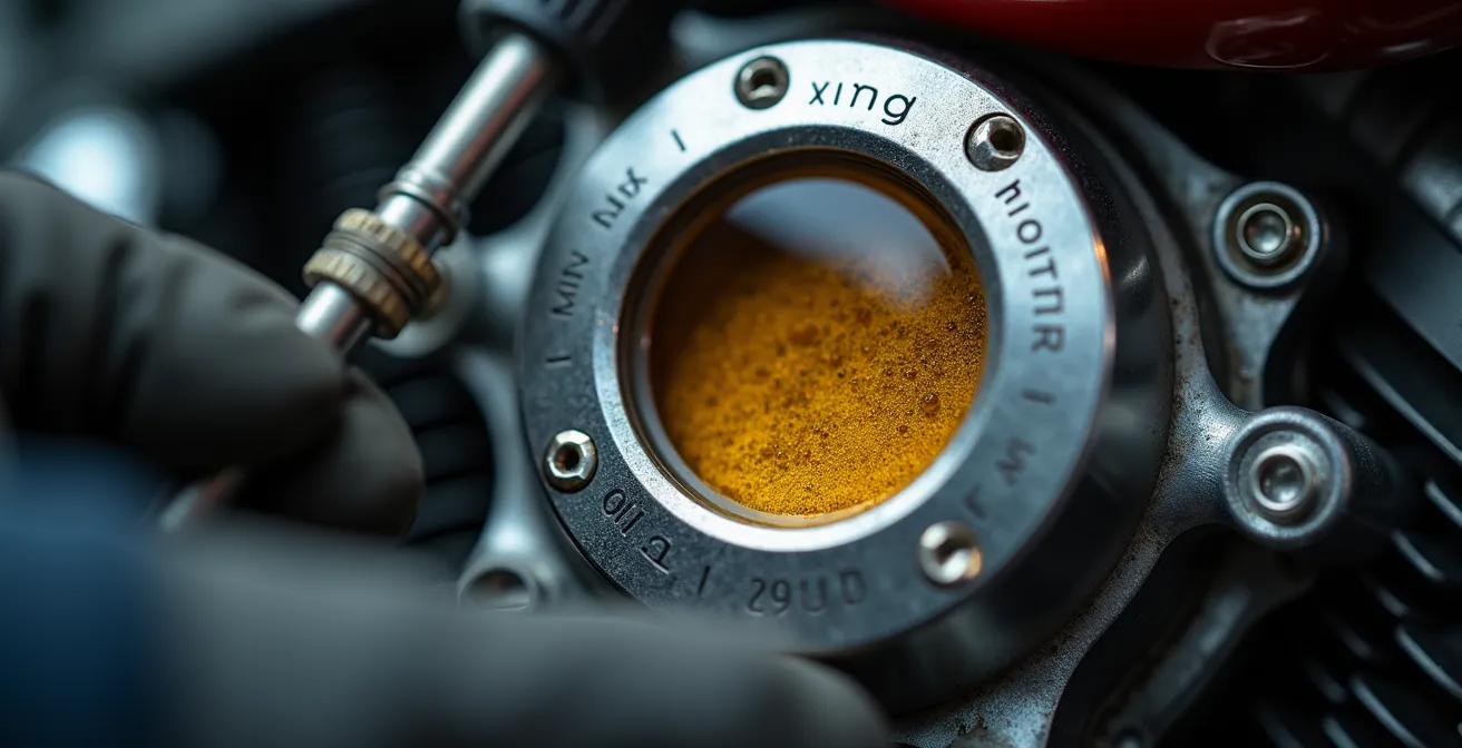 Detailaufnahme eines Motorrad-Schauglases zur Ölstandskontrolle