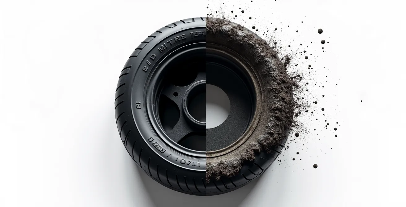 Querschnitt eines Motorradreifens zeigt fachmännische Reparatur von innen