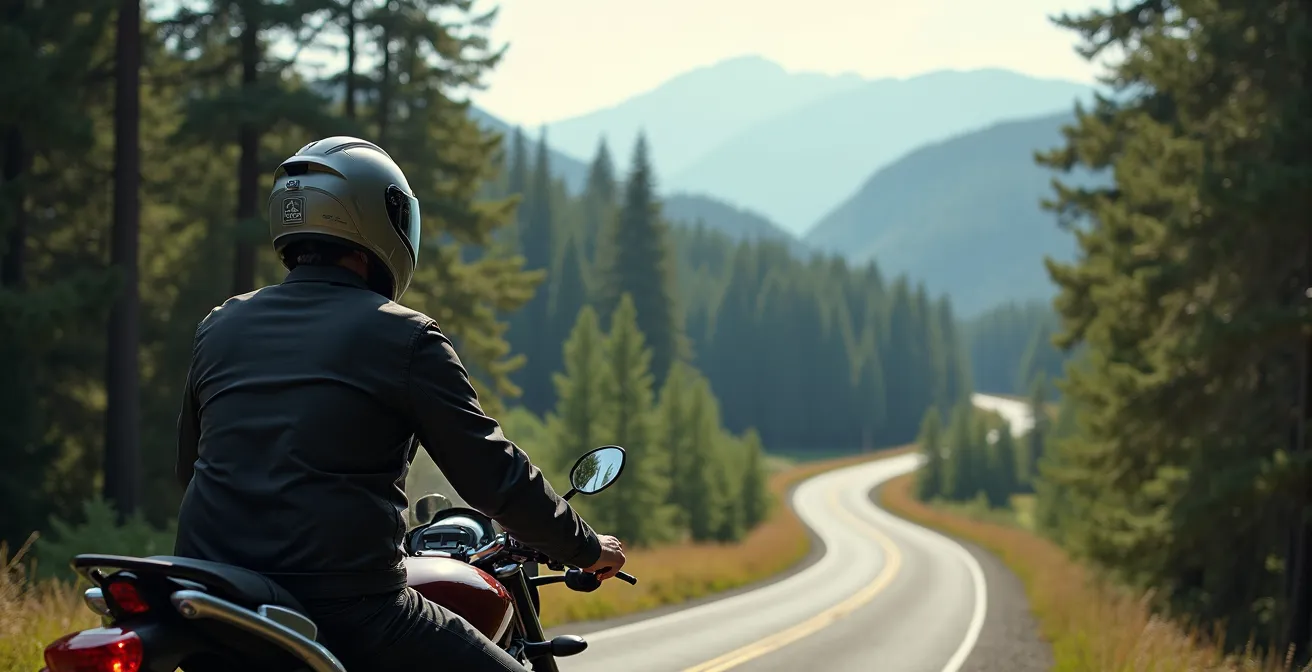 Motorradfahrer auf einer leeren, kurvenreichen Straße im Schwarzwald, umgeben von dichten Tannenwäldern.