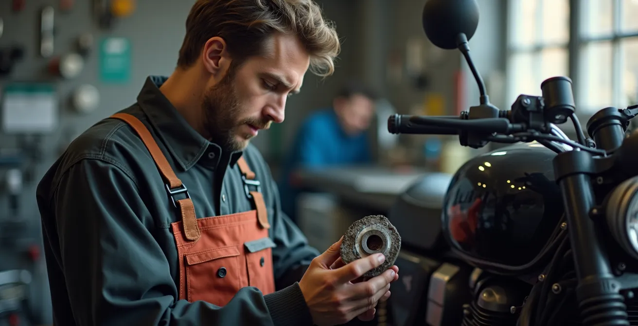 Motorradmechaniker in deutscher Werkstatt bei der Inspektion eines älteren Motorrads