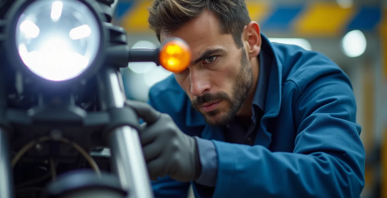 TÜV-Prüfer kontrolliert Zusatzscheinwerfer an einem Motorrad in einer Prüfhalle