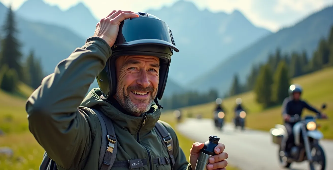 Motorradfahrer macht Pause am Bergpass mit Trinkflasche