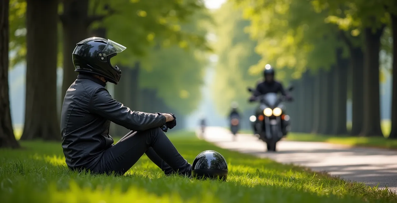 Motorradfahrer macht Pause an einer typischen deutschen Baumallee