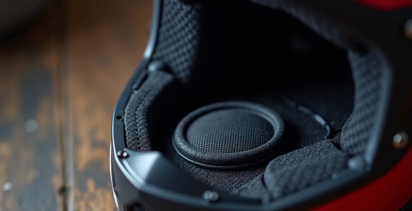Detailaufnahme der optimalen Lautsprecherpositionierung im Motorradhelm