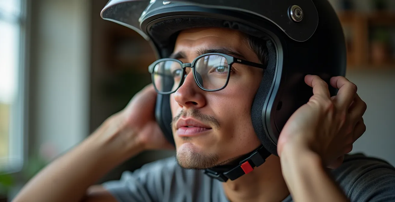 Person testet Motorradhelm-Passform mit Brille in häuslicher Umgebung