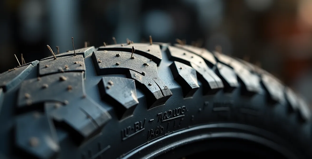 Makroaufnahme der DOT-Nummer auf einem Motorradreifen bei der Altersbestimmung