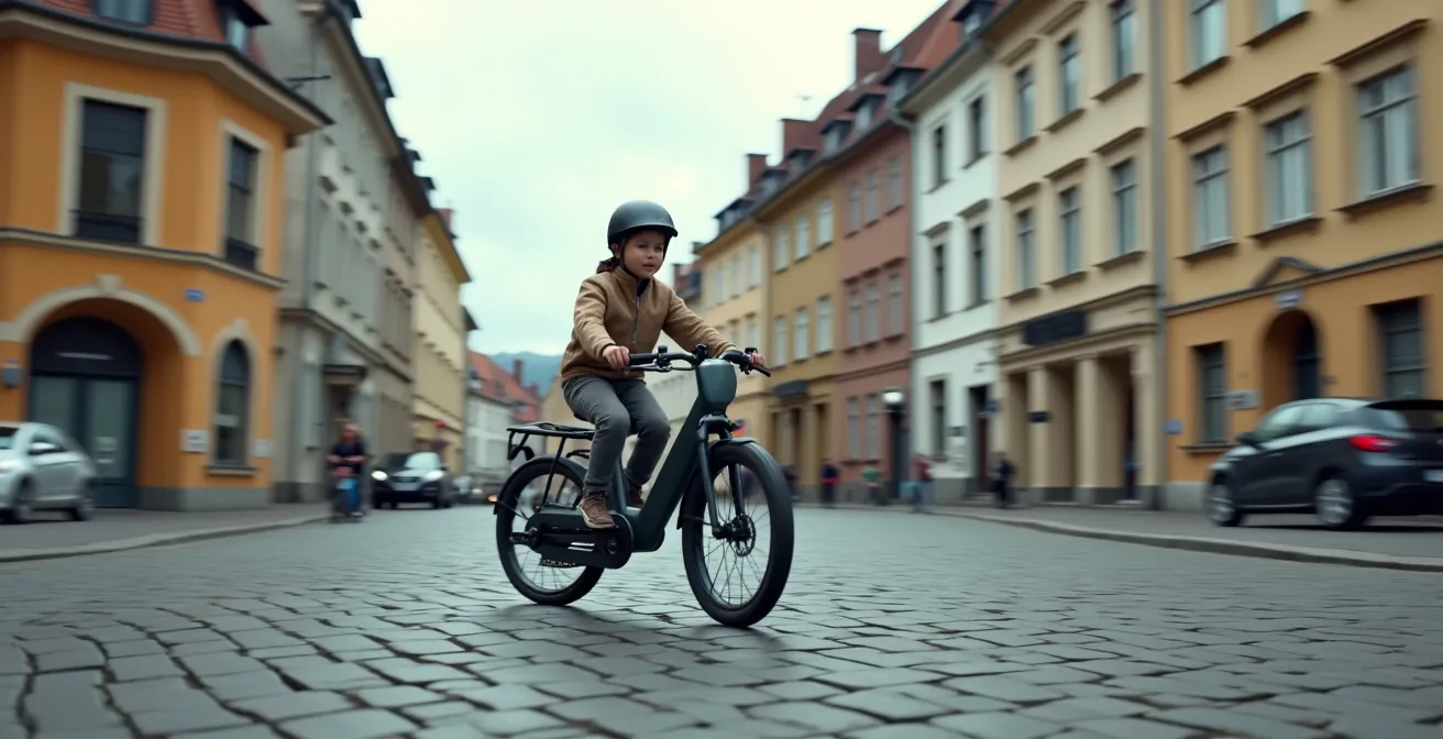 Dreirad-Lastenrad mit Neigetechnik in einer Kurve auf deutschem Kopfsteinpflaster