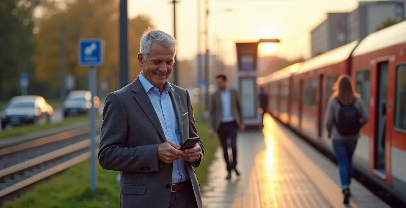 Pendler steigt vom Auto auf öffentliche Verkehrsmittel um an einem Park+Ride Platz