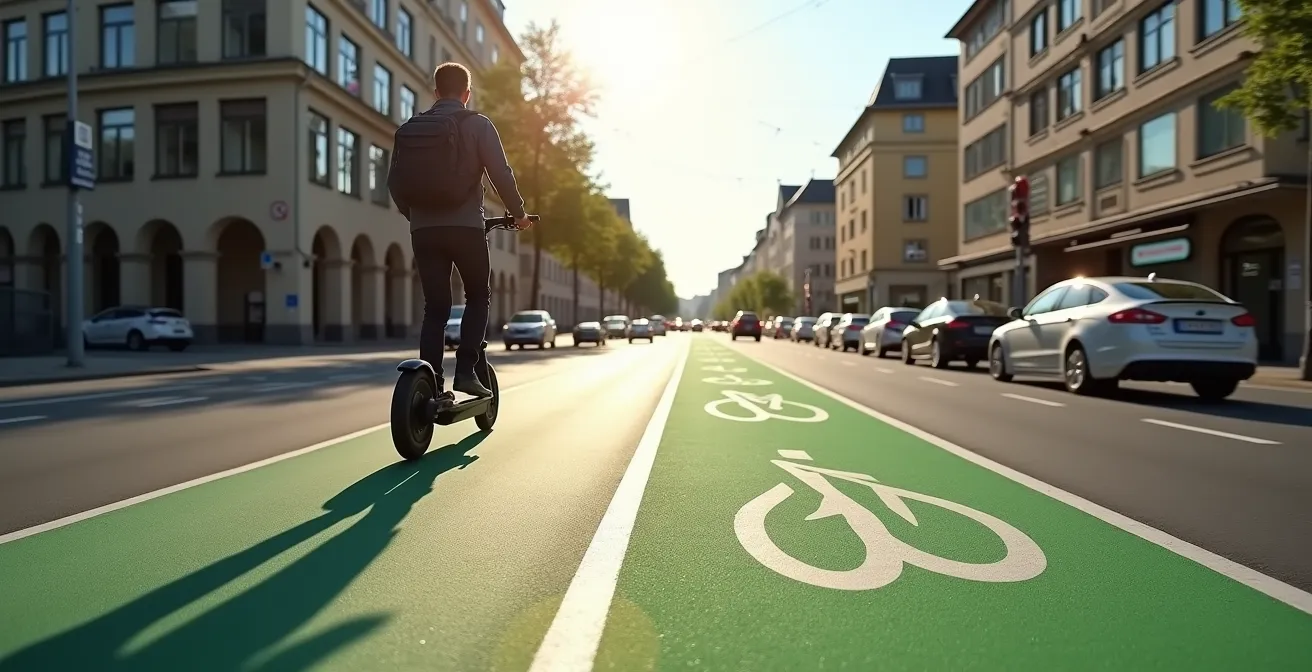 Geteilte Ansicht von Radweg und Hauptstraße in deutscher Stadt