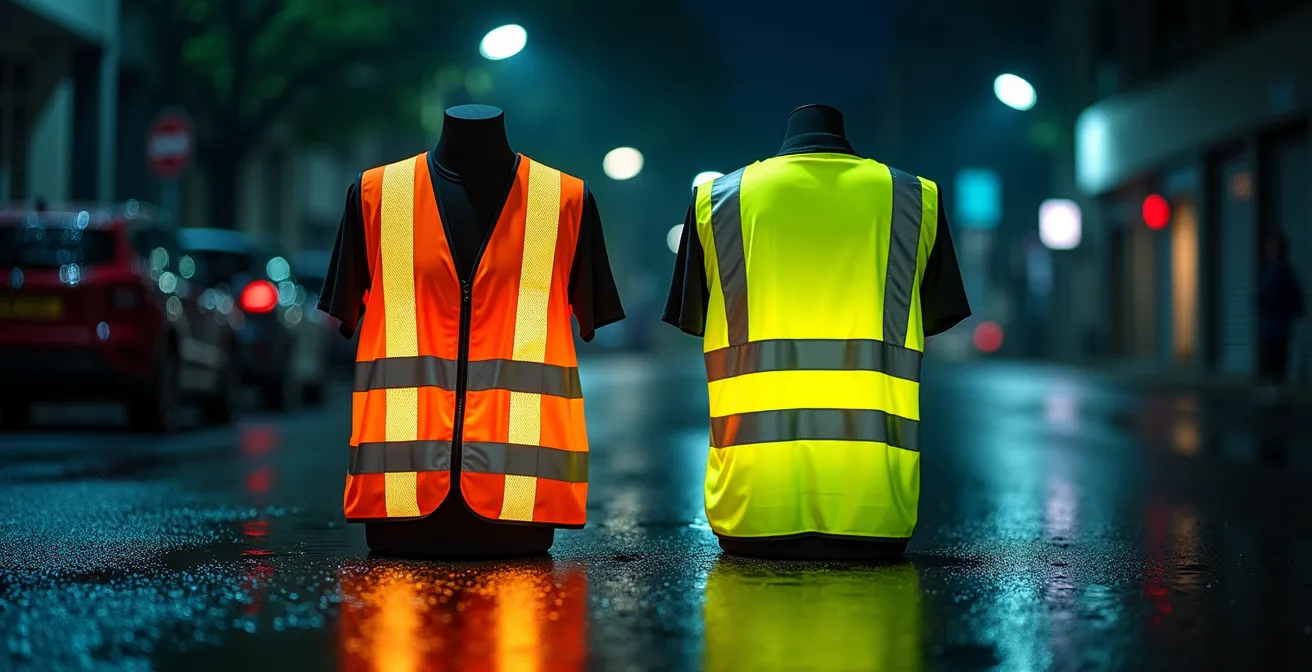 Vergleich der Sichtbarkeit einer Reflektorweste und einer Neonweste bei nächtlichem Regen