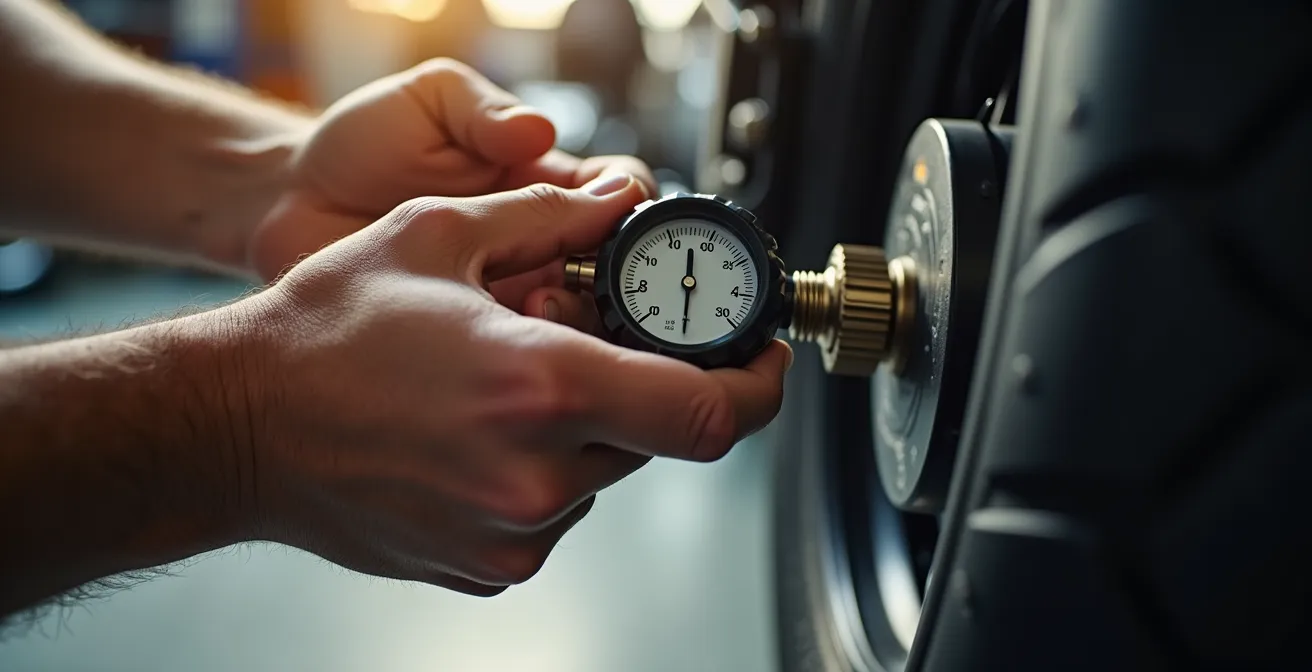 Nahaufnahme einer Reifendruckmessung am Motorrad in der Garage