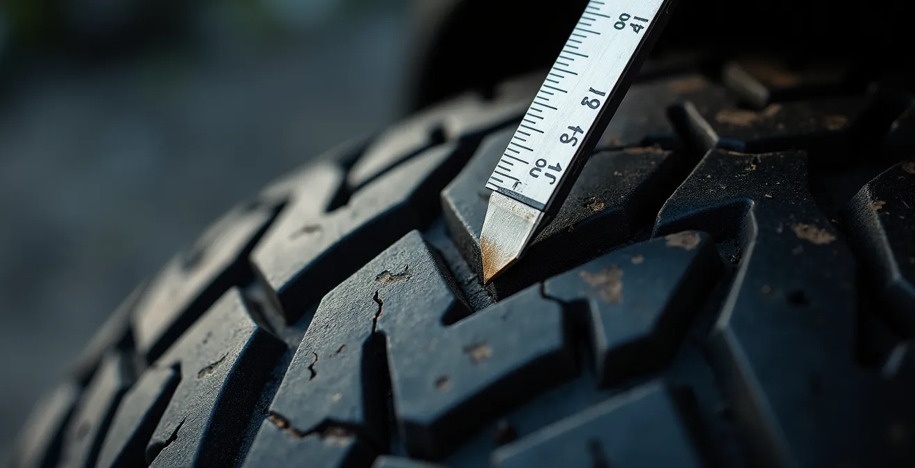Nahaufnahme einer Profiltiefenmessung an einem Motorradreifen mit digitalem Messgerät