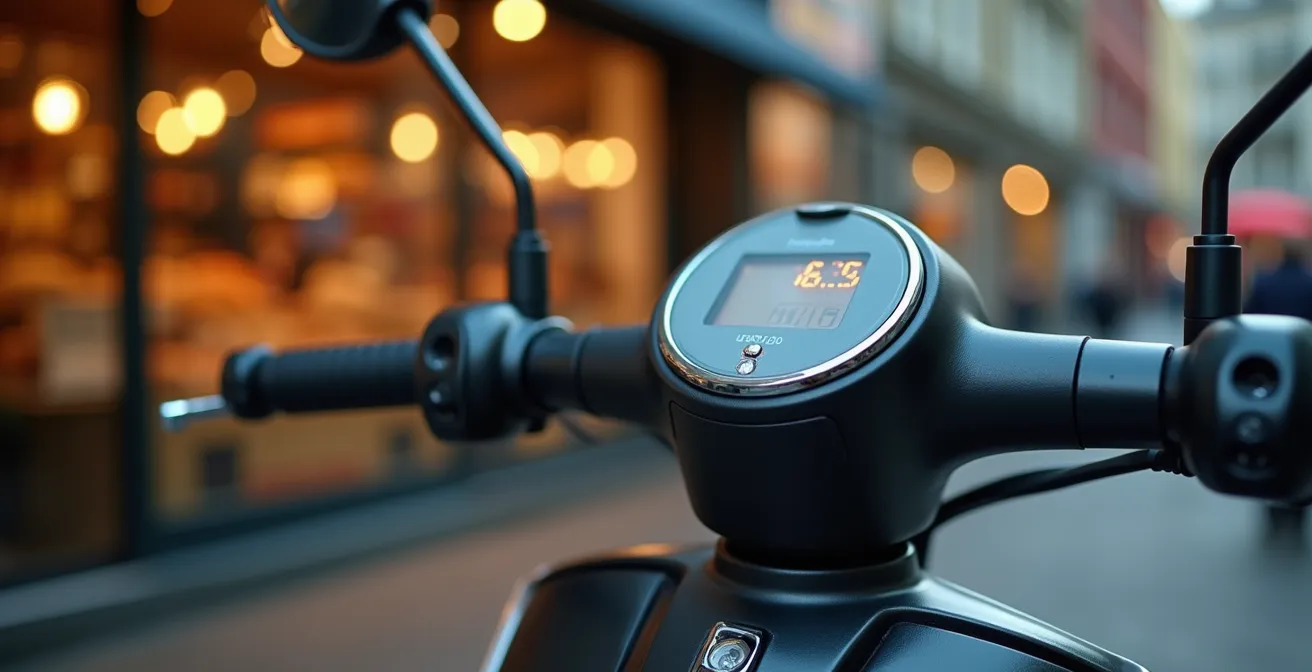 Nahaufnahme eines modernen Keyless-Go-Zündsystems an einem Großradroller vor einer unscharfen deutschen Bäckerei.