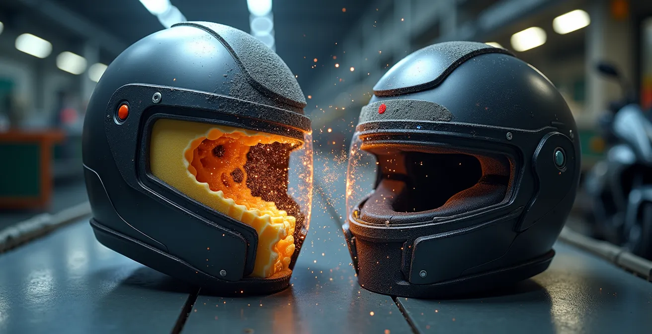 Viskoelastische Schaumstoff- und Hartschalenprotektoren im Querschnitt, die ihre unterschiedliche Reaktion auf einen Aufprall zeigen