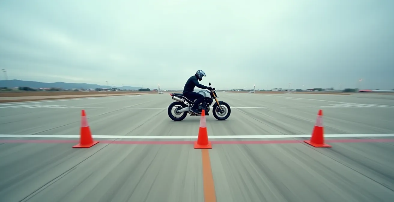 Motorradfahrer beim Sicherheitstraining auf Übungsplatz