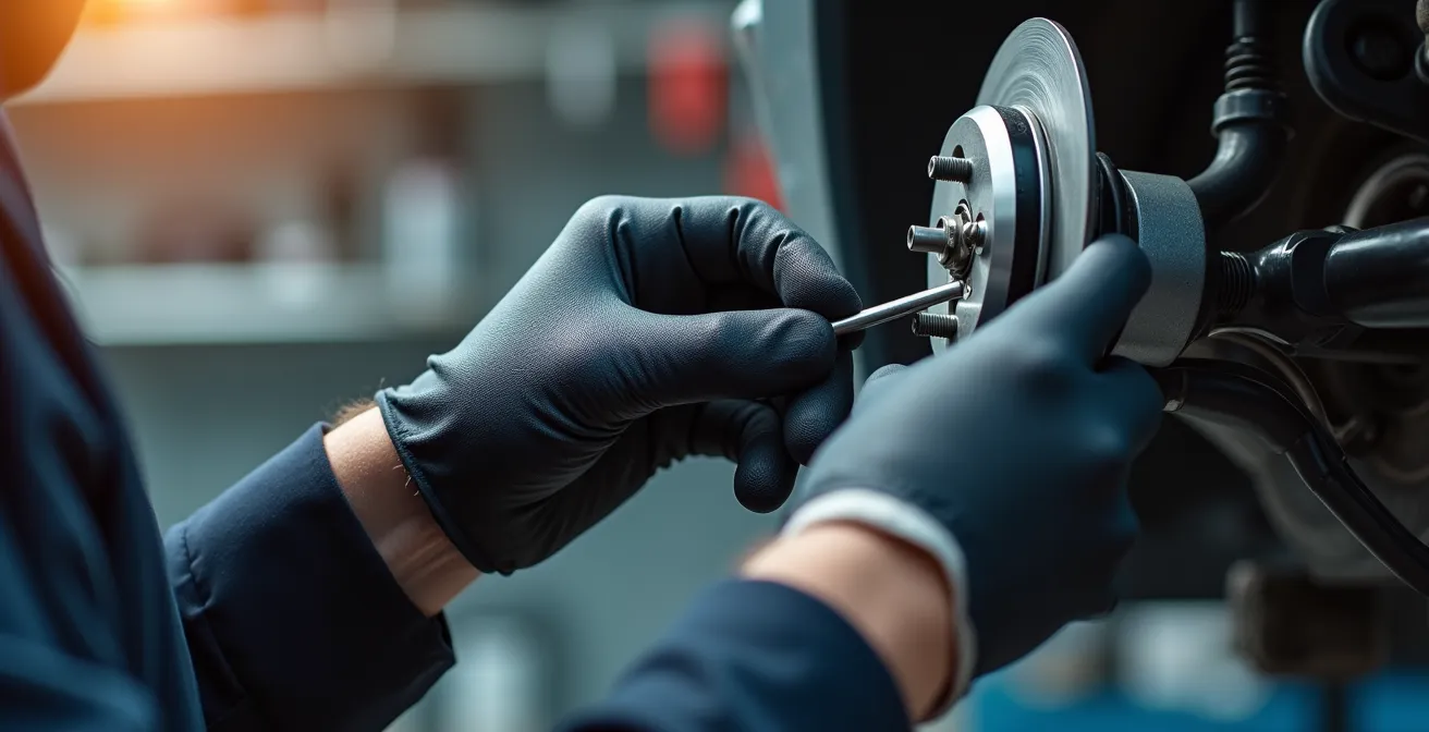 Detailaufnahme eines Sicherungssplints am Bremssattel mit Werkzeug