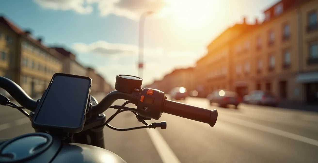 Wärmebild einer überhitzten Smartphone-Hülle am Motorradlenker, das die starke Hitzeentwicklung zeigt