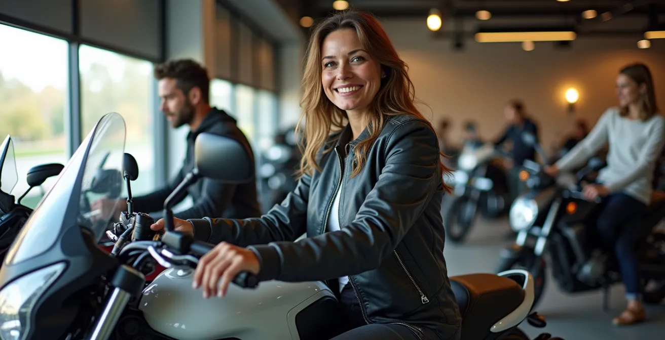 Paar testet gemeinsam Sitzposition auf einem Motorrad beim Händler
